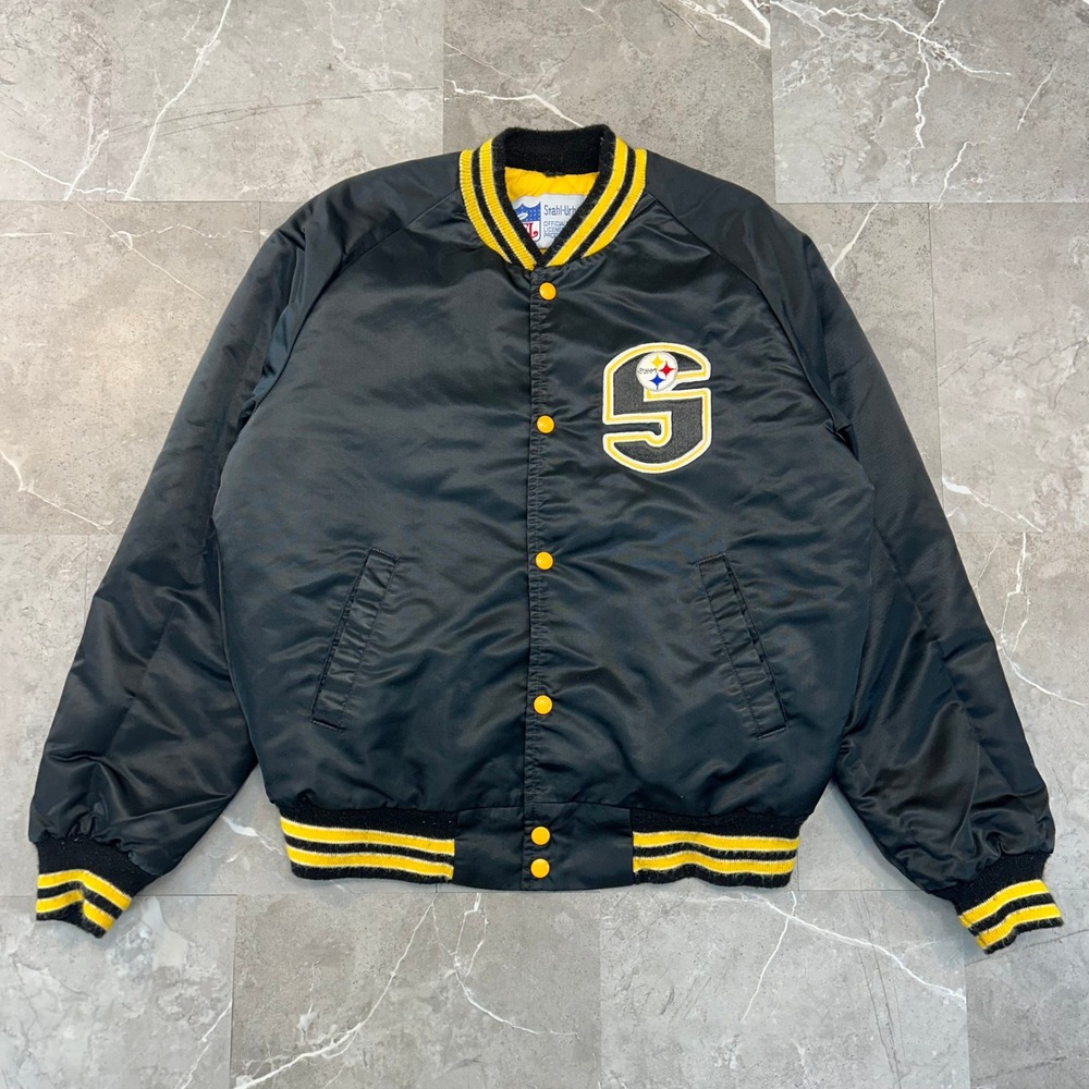 80s Vintage Pittsburgh Steelers Bomber Jacket Mens Medium Satin Coat Quilted